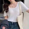 Knit Sweater Women's Short-sleeved T-shirt U-neck Top Design Sense Niche Thin Pink Small Shirt Summer Casual Essential Slim Fit Pullovers Tees