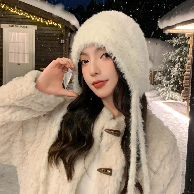Plush Hat Women'S Season Can Be Lazy Wind Thickened Wool Hat Big Head Circumference Cold-Proof Ear Protection Hat Warm Knitted Hat