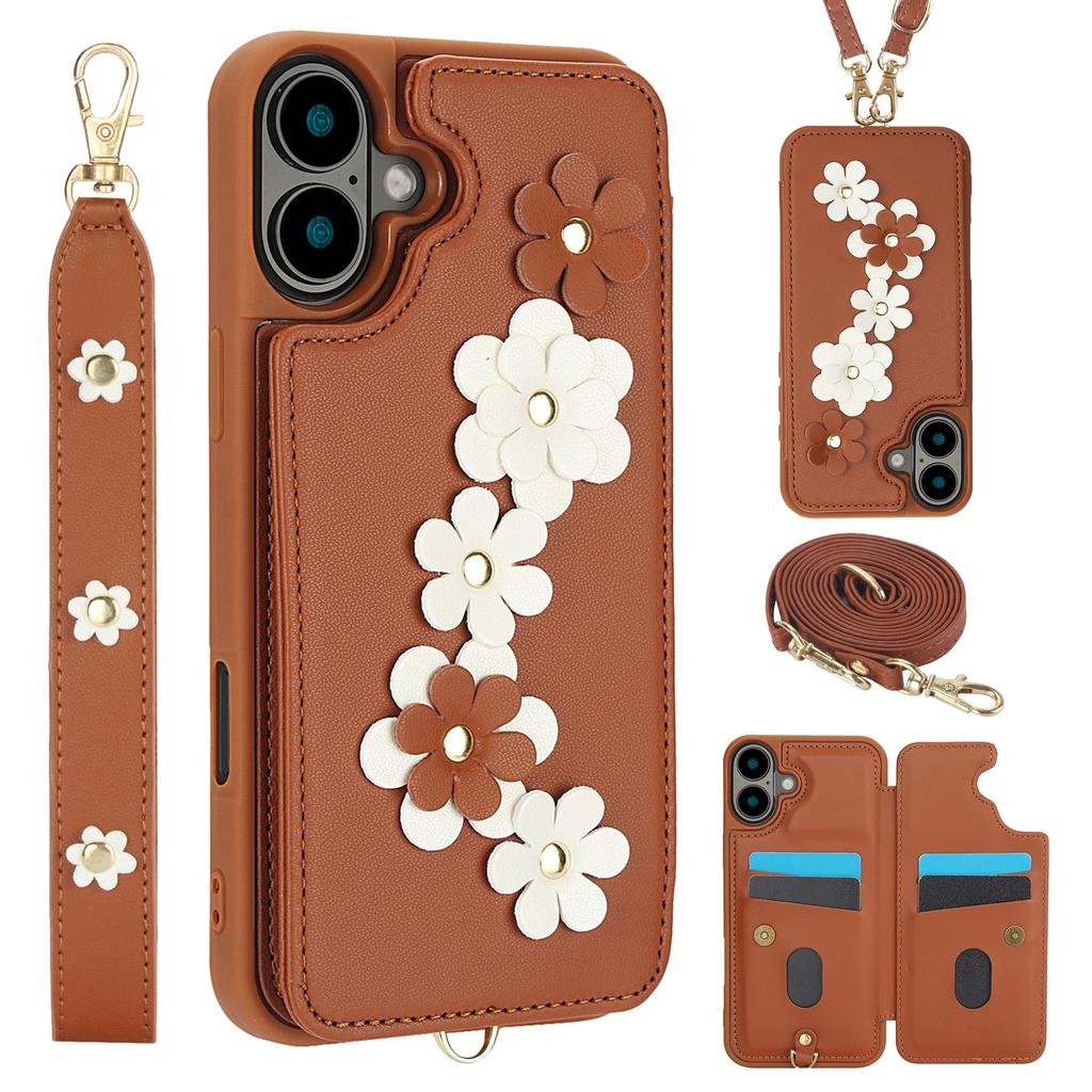 Für iPhone 16 Plus Hülle Kartenfächer Lederbeschichtetes TPU Blume Handyhülle