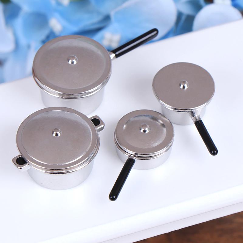 Set Of 4 Dollhouse Mini Silver Pans
