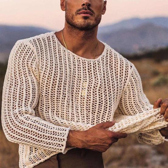Men Mesh Top See Through Long Sleeves Round Neck Hollow-out Sexy Dress Up Polyester Men Bottoming Shirt Knitted Mesh Top Clothing for Male