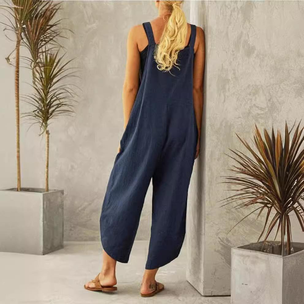 Pantaloni da donna FiveFive in cotone e lino, taglie forti, con bretelle, tinta unita, casual, taglie forti XS-5XL