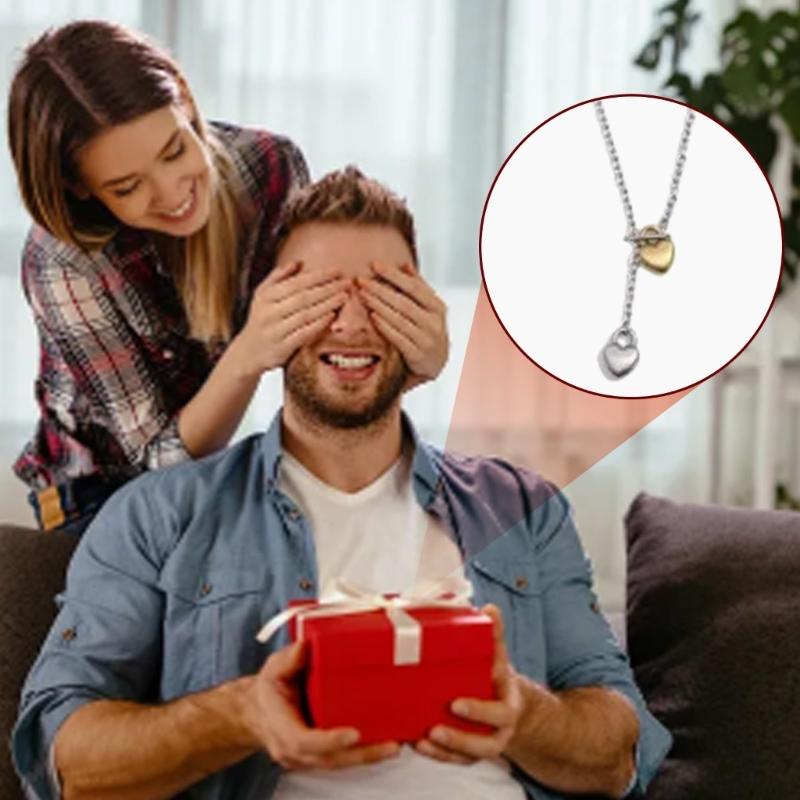 Fashionable Double Heart Pendant Necklace OT Buckle Sweater Chain Adjustable Length Neckchain Accessory for Daily Wear