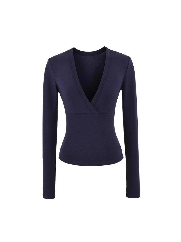 Women's Spicy American Deep V-neck Waist-cinching Long-sleeve T-shirt - Slim Fit for Autumn