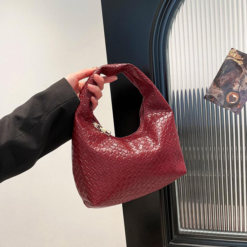 

New Women Classic Fashi Woven Embossed Hobo Soft PU Leather Small Top-handle Shoulder Bag Casual Daily Handbags бордовий