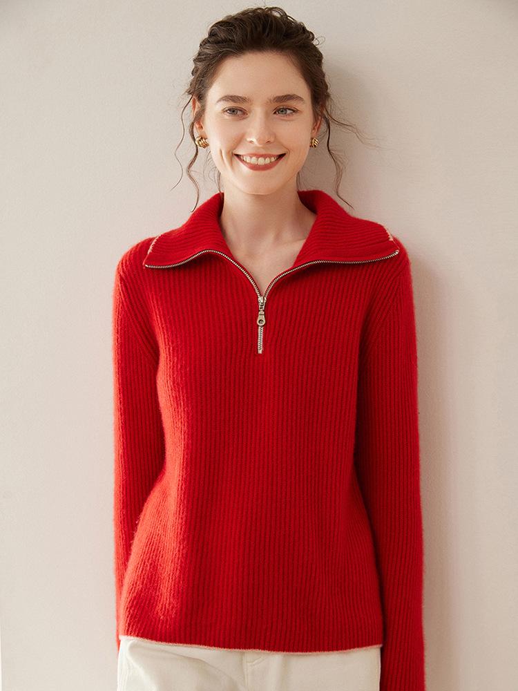Women's Cashmere Half-Zip High Neck Loose Pullover Sweater