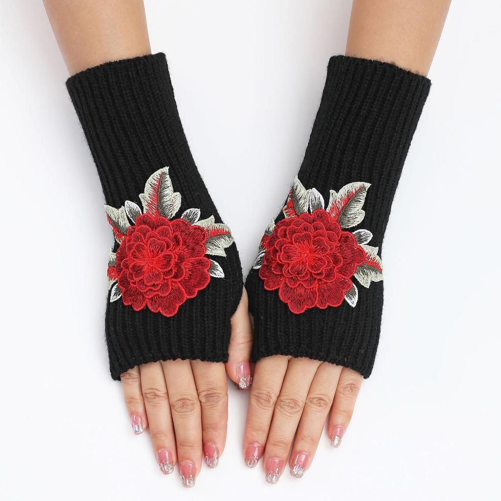 New Autumn and Winter Women's Knitted Woolen Sleeve Sleeves Half Finger Exposed Gloves Fashionable and Warm Short Wrist Guards Flower Gloves
