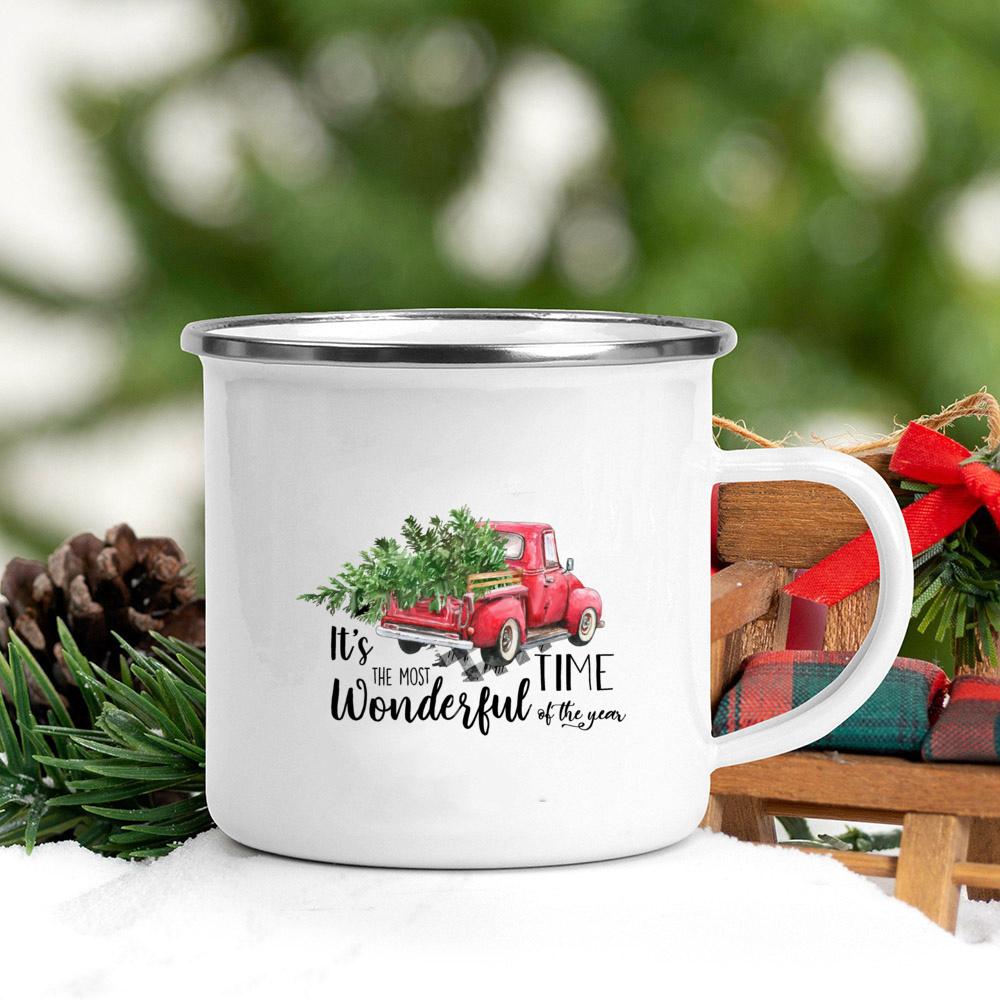 Christmas Tree Deer Truck Print Enamel Mugs Coffee Cups Christmas Party Dessert Hot Cocoa Chocolate Cup Gifts for Friends Family