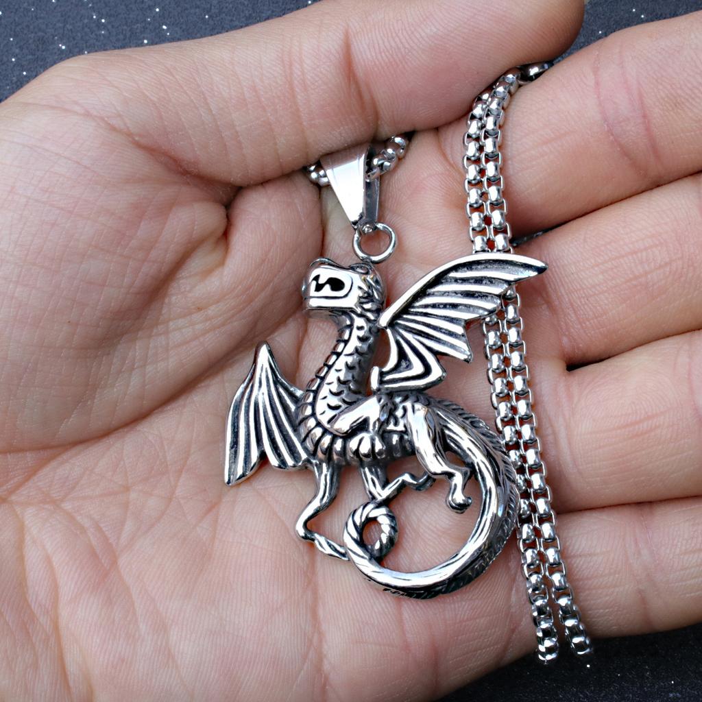 Holy Sword Dark Dragon Fighter Flying Dragon Pendant Titanium Steel Necklace Punk Trendy Men's Necklace