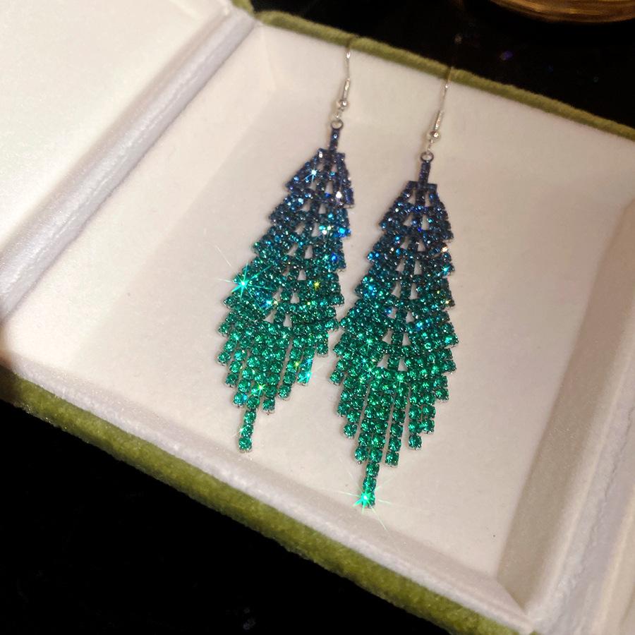 Diamond feather long fringed ear hook light luxury high-end earrings European and American fashion niche temperament earrings women
