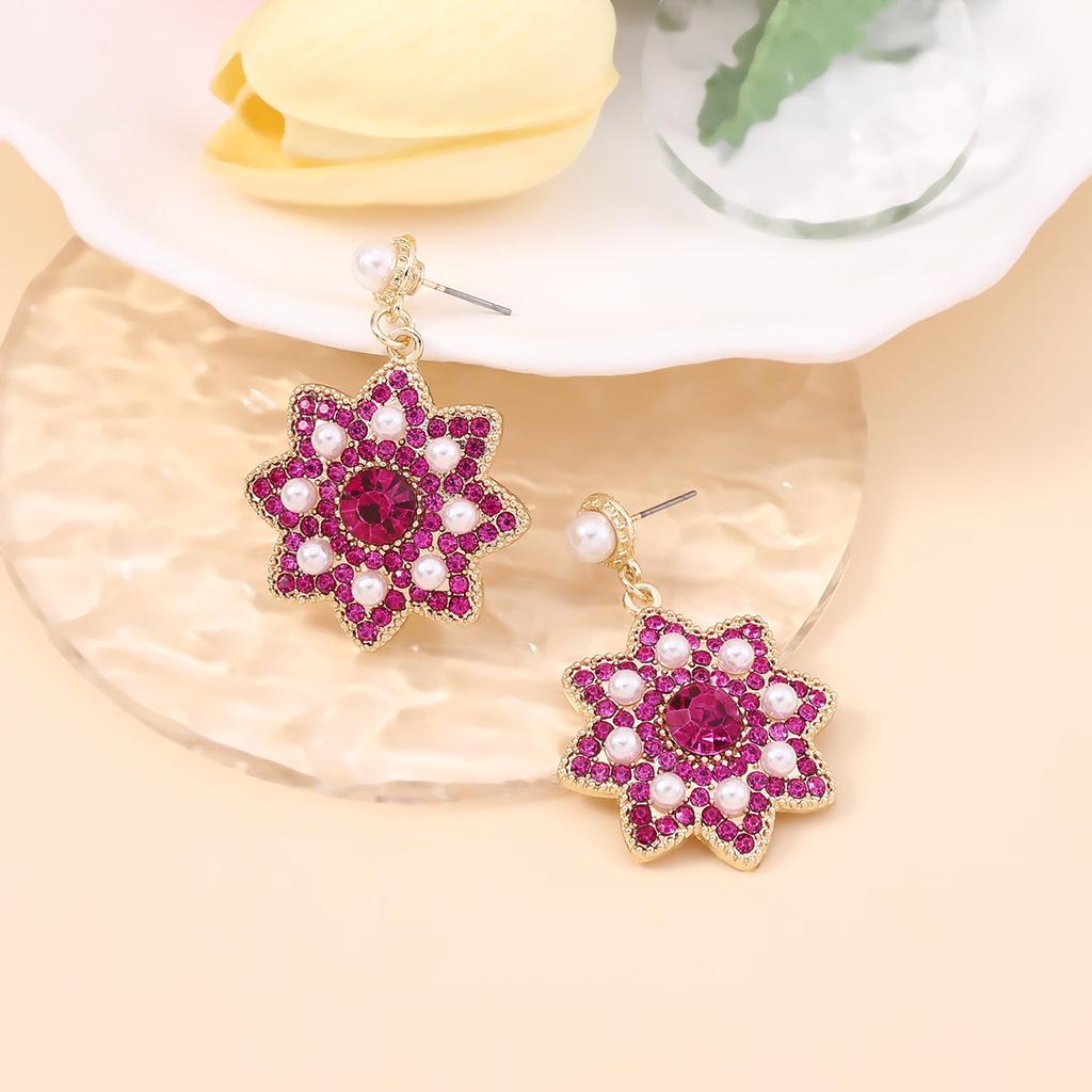 Bohemian vintage colored diamond-encrusted rice beads flower floral earrings imitation pearls exaggerated statement earrings