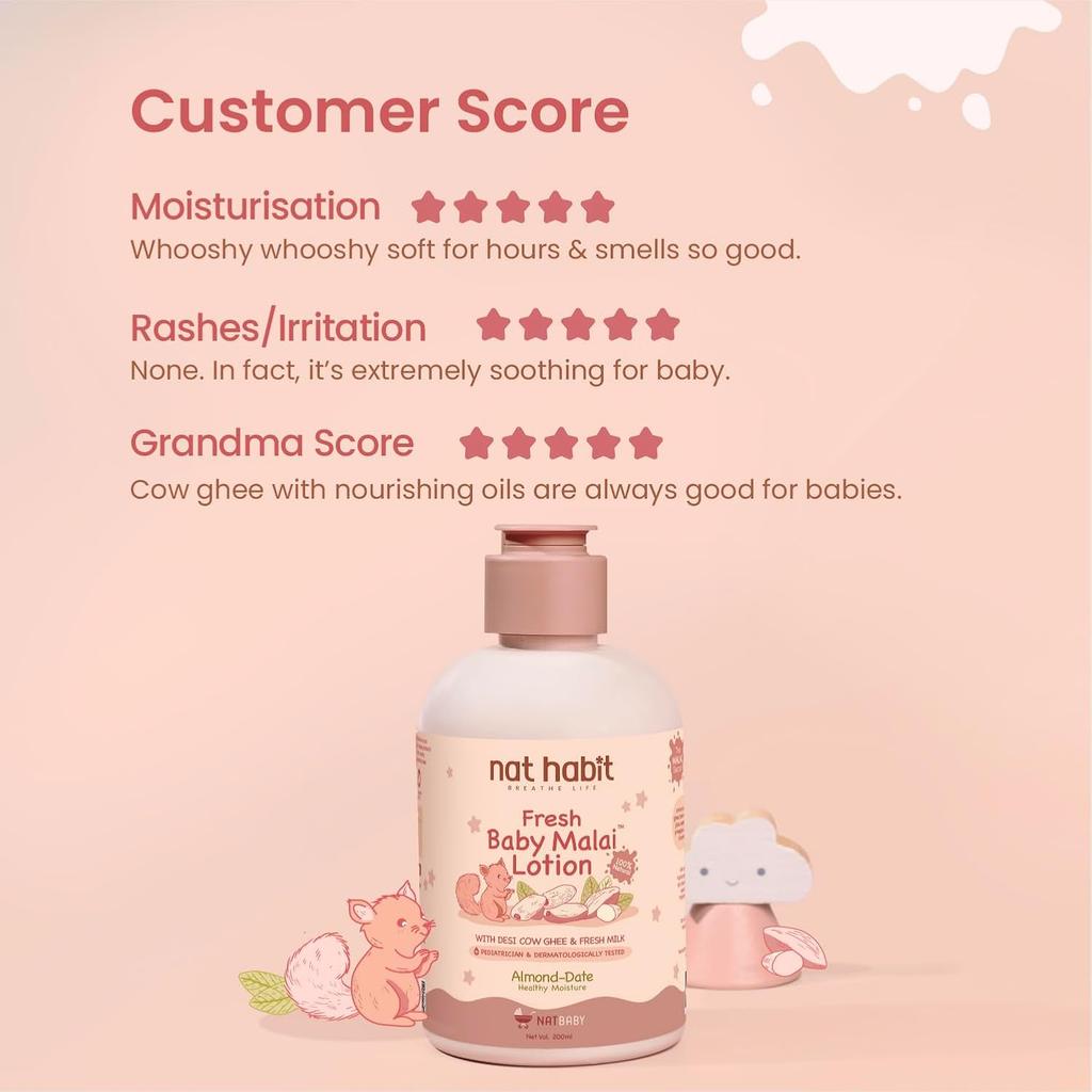 Nat Habit Baby Malai Lotion Almond And Date Daily Moisturizer For Deep Hydration And Gentle Skin Barrier Protection 200ml