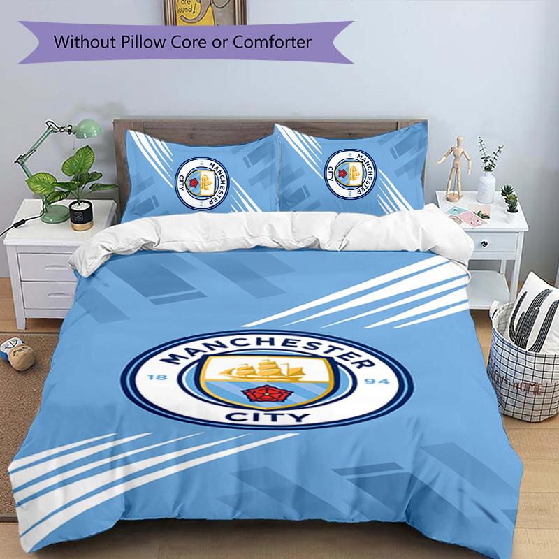 3pcs Manchester City Football Club Pattern Bedding Set Duvet Cover Set Includes Duvet Cover &pillowcases,perfect All Season Bedroom Decoration&gift