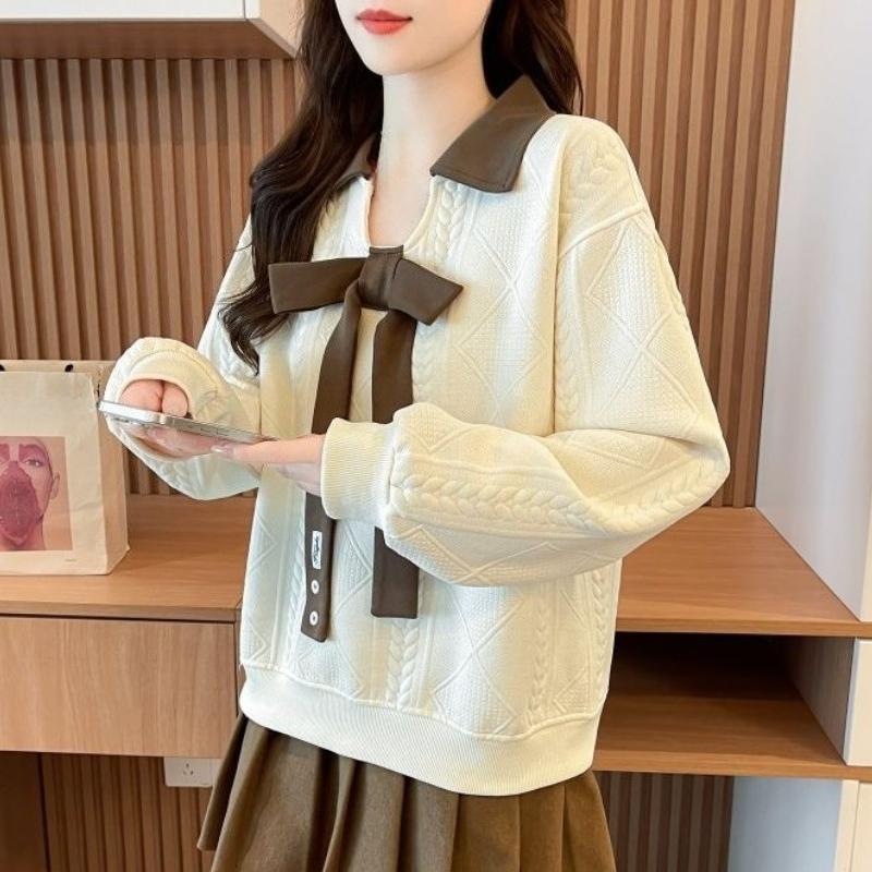 Bow Tie Decoration Women's Sweatshirt Lapel Contrasting Solid Color Long Sleeved Pullover Korean Version Autumn New Style Loose Woman Top