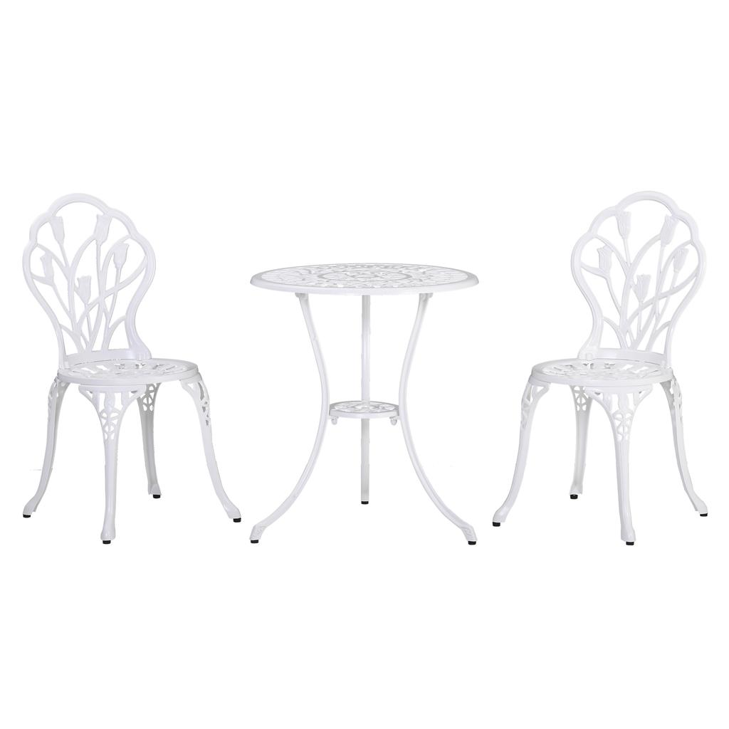 Set da Patio Bistro in 3 Pezzi per 2 Persone, Tavolo e Sedie da Giardino in Alluminio da Esterno con Foro per Ombrellone per Balcone, Bianco