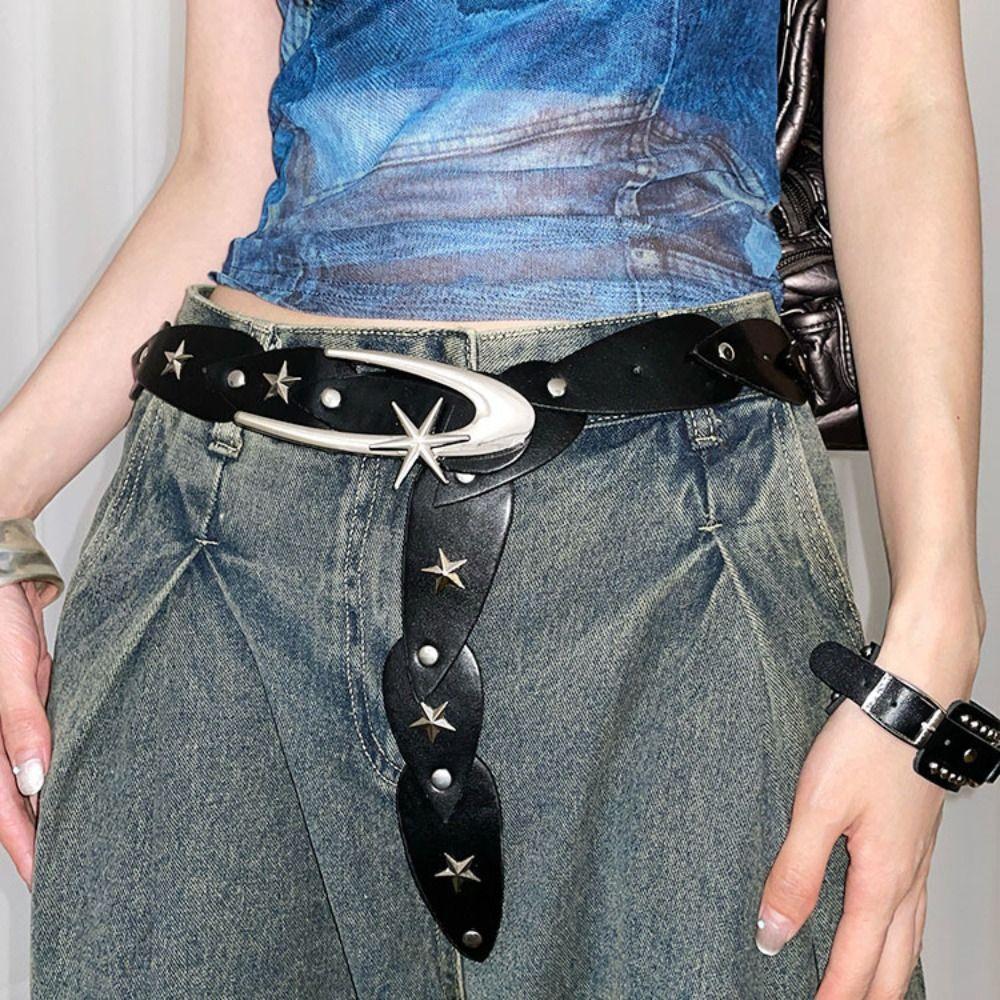 

Винтажный панк-пояс, универсальный пояс с луной и звездами, широкий кожаный ремень Y2K