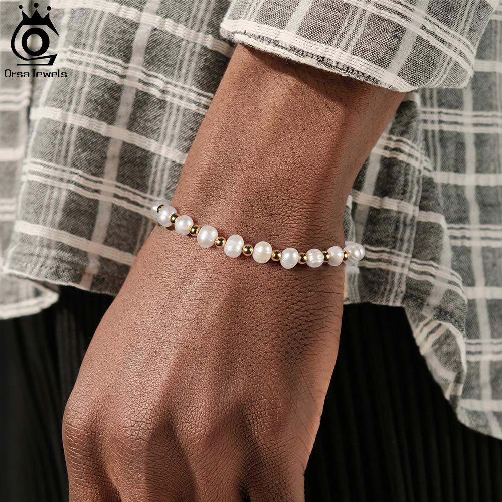 ORSA JEWELS 18K Gold Ball Bead Pearl Chain Bracelet for Men Women 6-7mm Cultured Freashwater Pearl Bracelet Party Jewelry NMB03