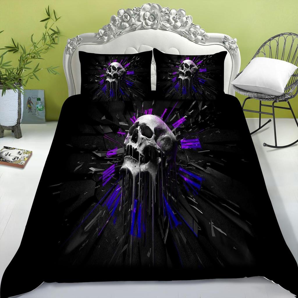 Bedding Set New Bed Cover 3D Skull Head Scary Print Family Bedroom Full Size Quilt Cover and Pillowcase Microfiber