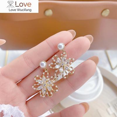 Korea Fashion Jewelry 14K Real Gold Plating AAA Zircon Hollow Pearl Flower Earrings Elegant Women's Wedding Party Earrings