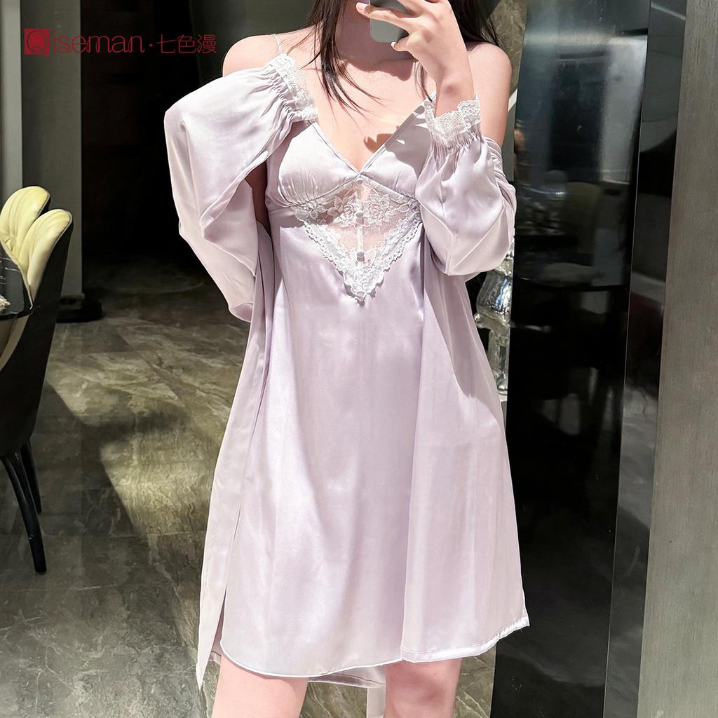 Spring/Summer Sexy Strap Nightdress Two-piece Set with Bra Pads, Private Pure and Alluring Style Women's Loungewear Ice Silk Nightwear