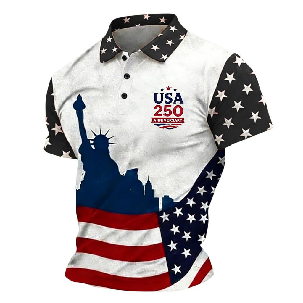 Men Short Sleeve Polo Shirt USA 250 Anniversary Print Casual Button Down Knit Top