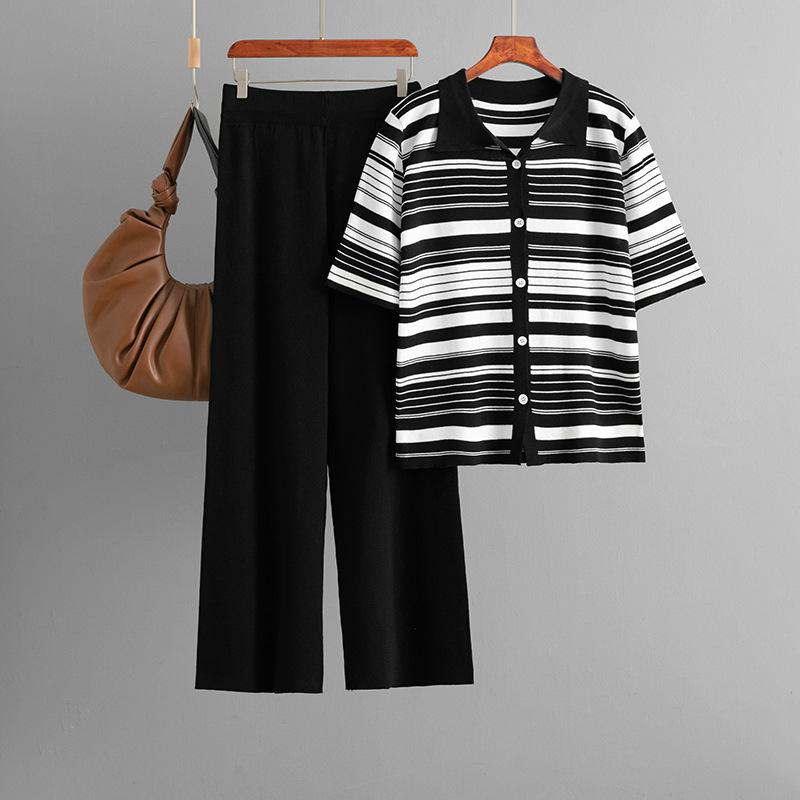 Fashion Knitted Set Women's Summer Striped Loose Short Sleeve Top Casual Pants Two Piece Set
