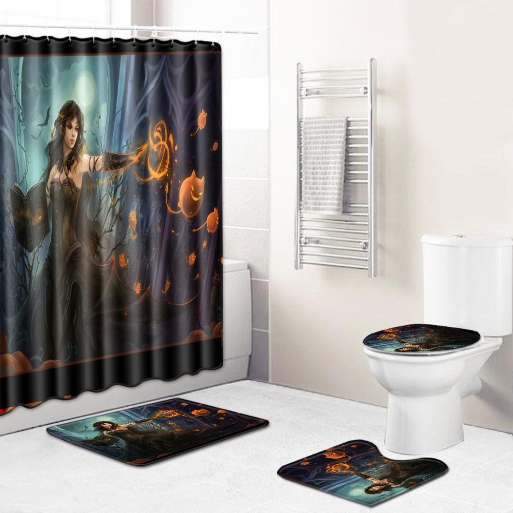 Halloween Series Bathroom Shower Curtain Floor Mat Toilet Cover Foot Mat Four-Piece Set