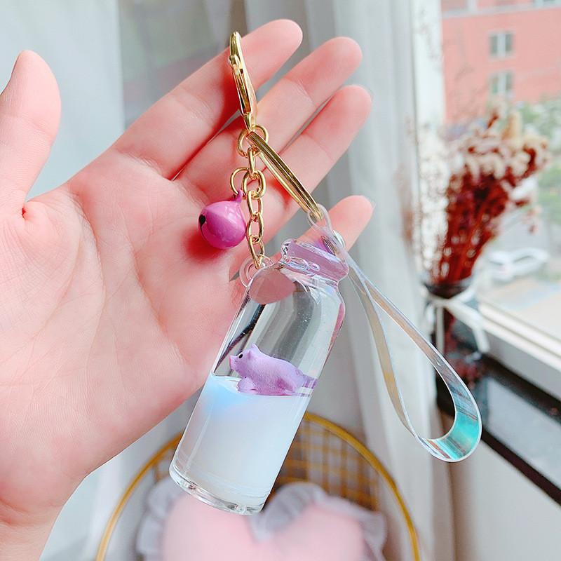 Lovely Floating Pig In Milk Acrylic Keychain With Stylish Bell Great For Gifts