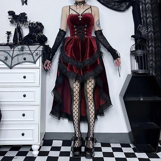 Women Cosplay Dress Dark Style Halloween Party Costume Lace Patchwork Irregular Hem Sleeveless Tight Waist Ruffles Adjustable Waistline Straps