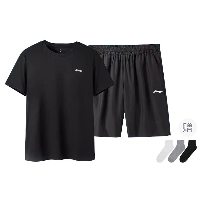 

Li Ning однотонный круглый вырез свитер с коротким рукавом футболка и шорты средней талии повседневный спортивный комплект мужские комплекты черный YATU077-4 S