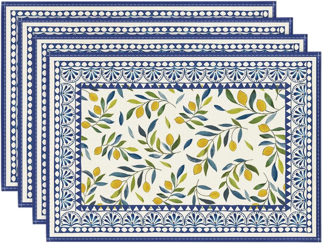 

Lemon Branches Leaves Lace Summer Placemats Set of 4, 12x18 Inch Seasonal Holiday Table Mats for Party Kitchen Dining Decoration 4pcs-12x18