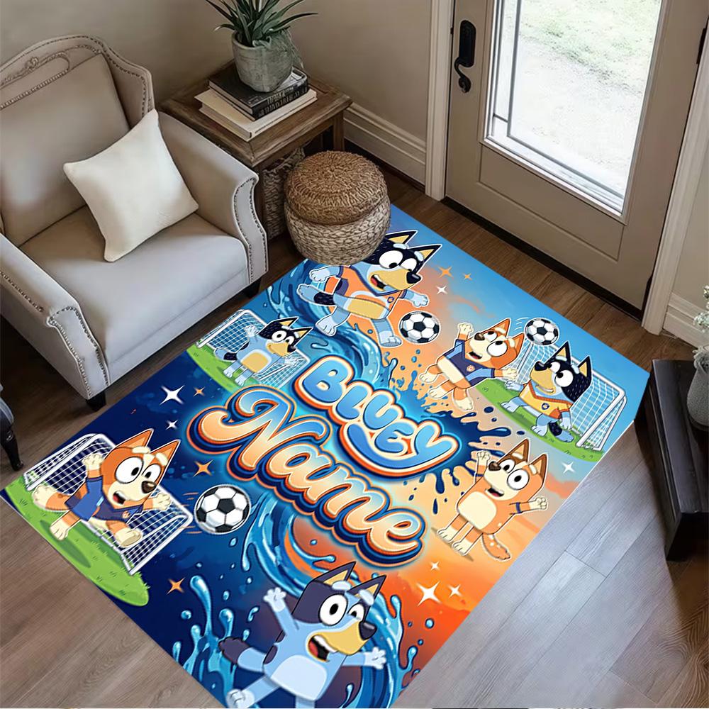 Soccer Fun Bluey Customizable Name Floor Rug Office Rug Perfect for Entryway Game Room Decorate Room Kitchen Antislip Carpet Anime Office Decor