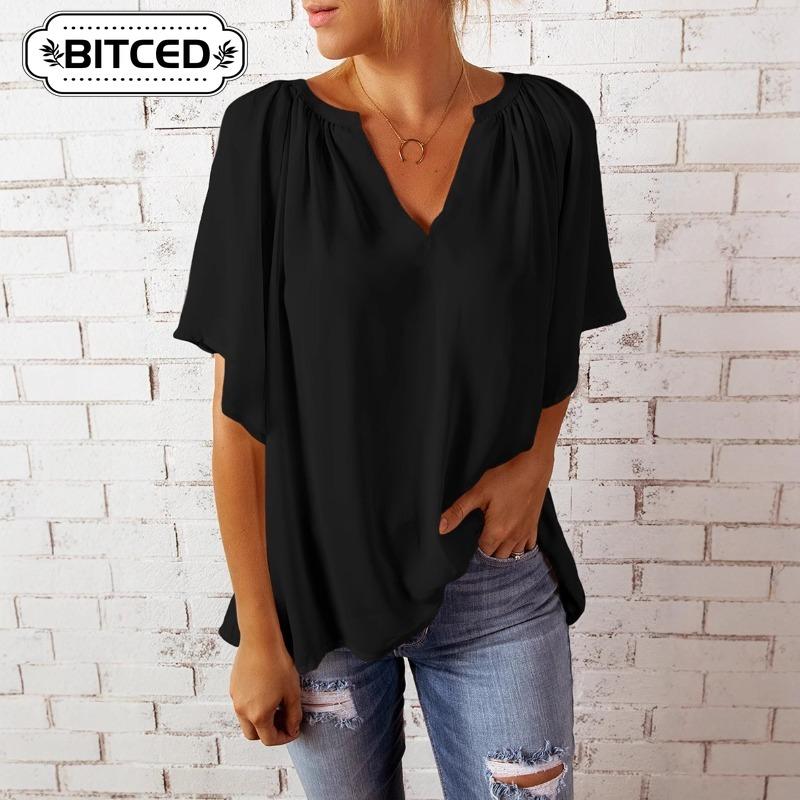 BITCED Women's Fashion Casual Solid Color Print Short Sleeve V Neck Blouses & Shirts