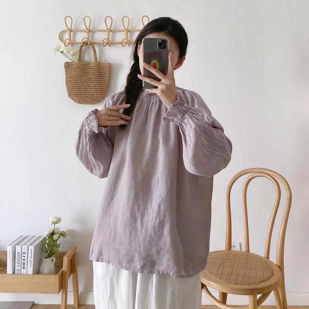 Johnature Linen Simple Women Tops Shirts Autumn Solid Color Loose Pullover Ruffles Sleeve Female Blouses