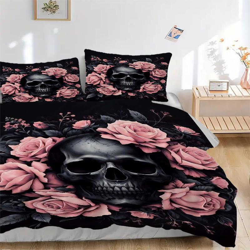 3pcs Skull In Bloom Bedding Set - 1 Soft Quilt Cover + 2 Pillowcases, Machine Washable - Suitable for All Seasons, Perfect Gift for Family and Fr