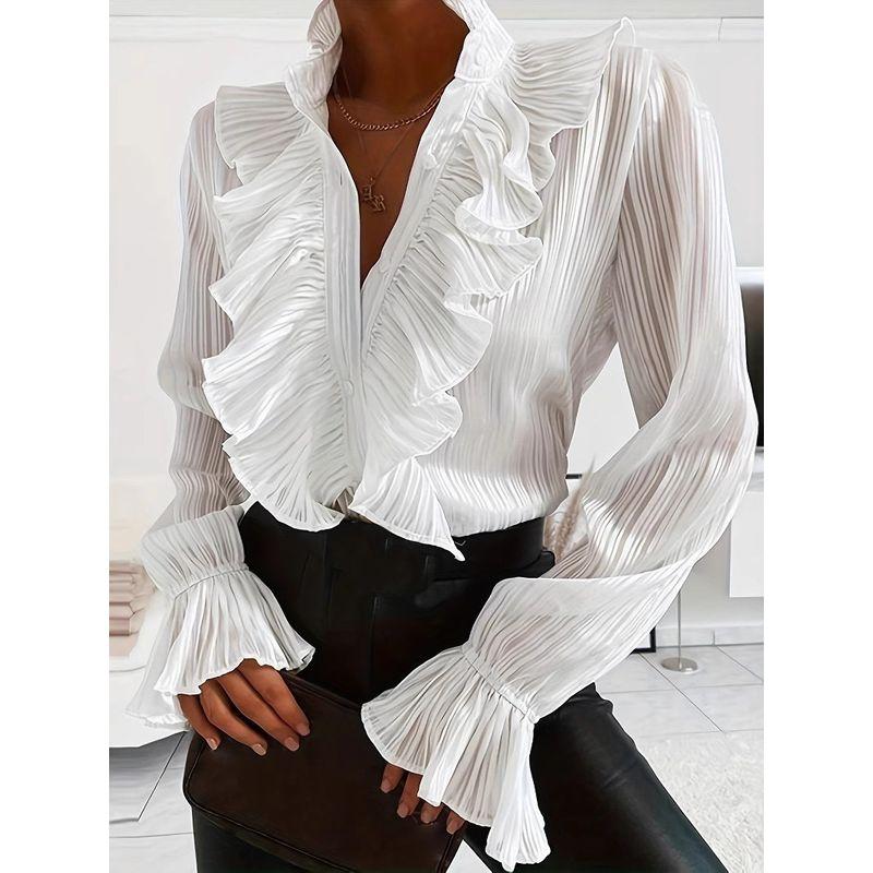 V-neck Long Sleeve Loose Solid Color Shirtv Collar Long Sleeve Solid Shirts