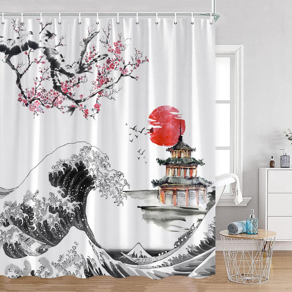 Japanese Style Shower Curtains Fuji Mount Great Waves Bamboo Red Sun Bathroom Curtain Japan Fabric Home Decorations For Bathtub