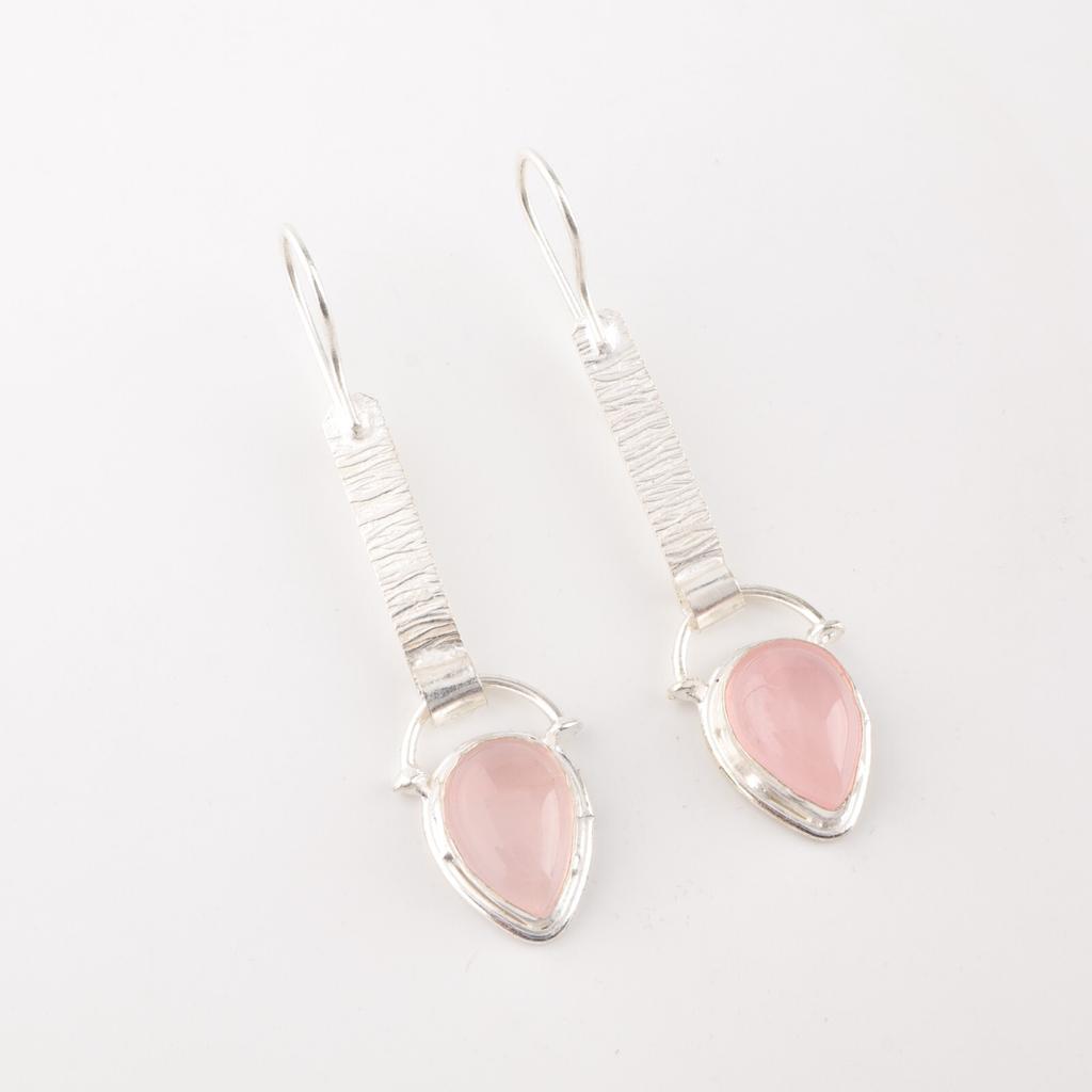 Natural Rose Quartz Gemstone 925 Sterling Silver Jewelry Handmade Earrings 2.3" EE-166-28