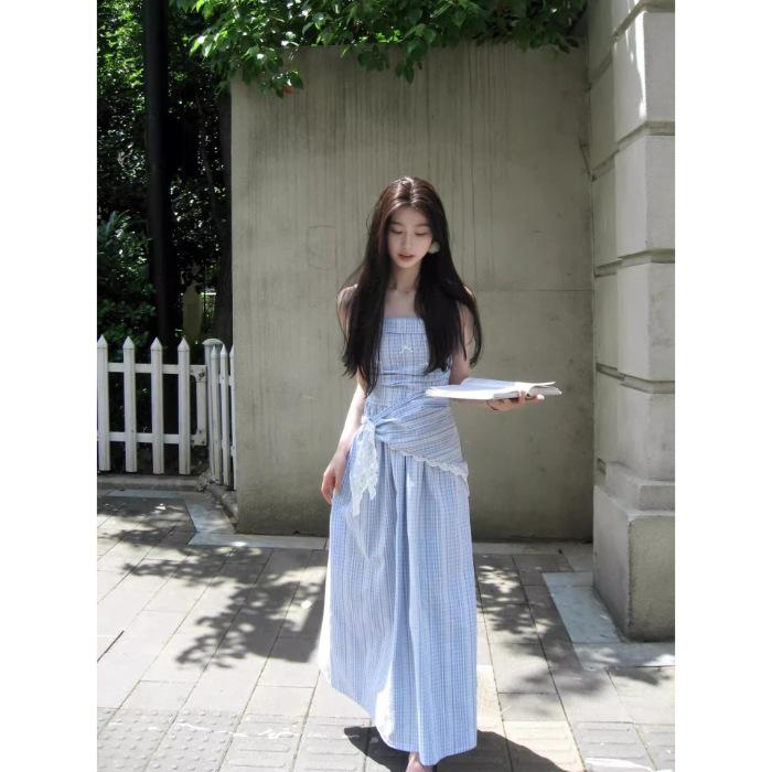 

[Original practice] Blue plaid tube top suspender dress women s summer French feeling waist and thin skirt S
