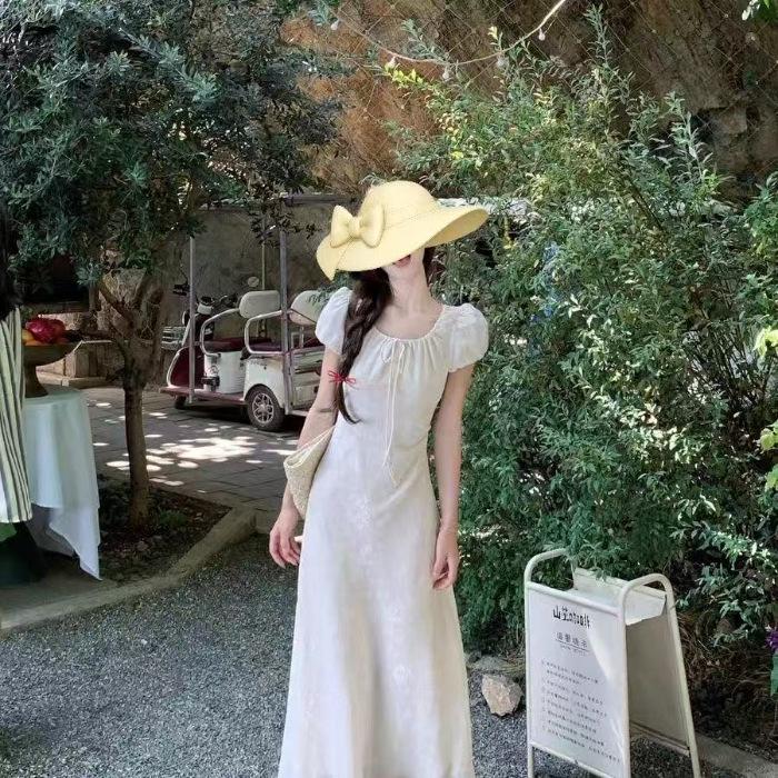 Elegant French Socialite Dress: Slim, Light Luxury Jacquard with Drawstring and Puff Sleeves XL
