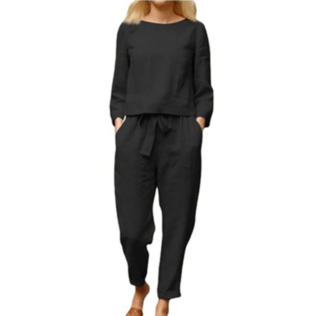 Women's Fashion Colour Casual Suit Loose Round Neck Top Long Pants Set