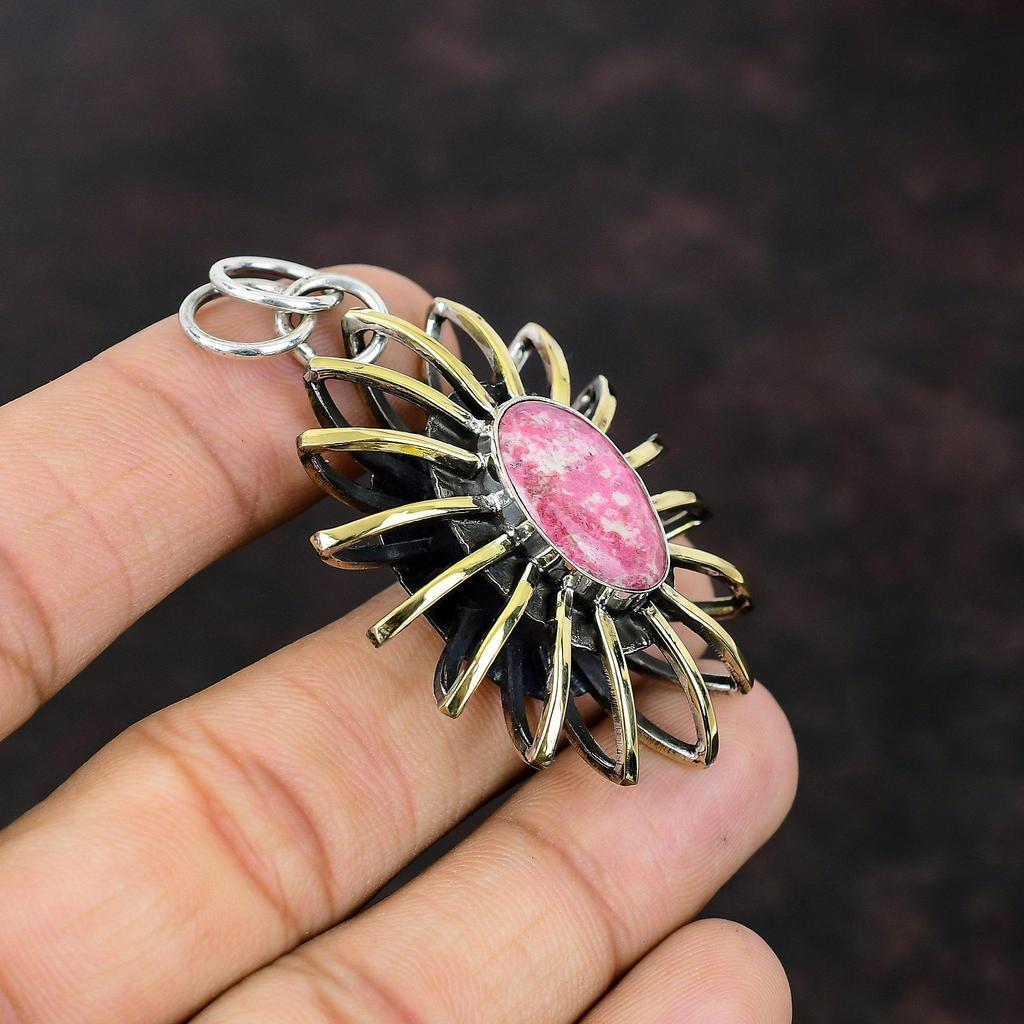 Thulite Pendant 925 Sterling Silver Pendant Unique Gemstone Handmade Jewelry 18K Gold Plated Pendant Cage Pendant Statement Jewelry For Gift