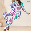 Women Plus Size White Red Black Printed Two Piece Set Round Neck Long Sleeve Longline Top Fitted Pants