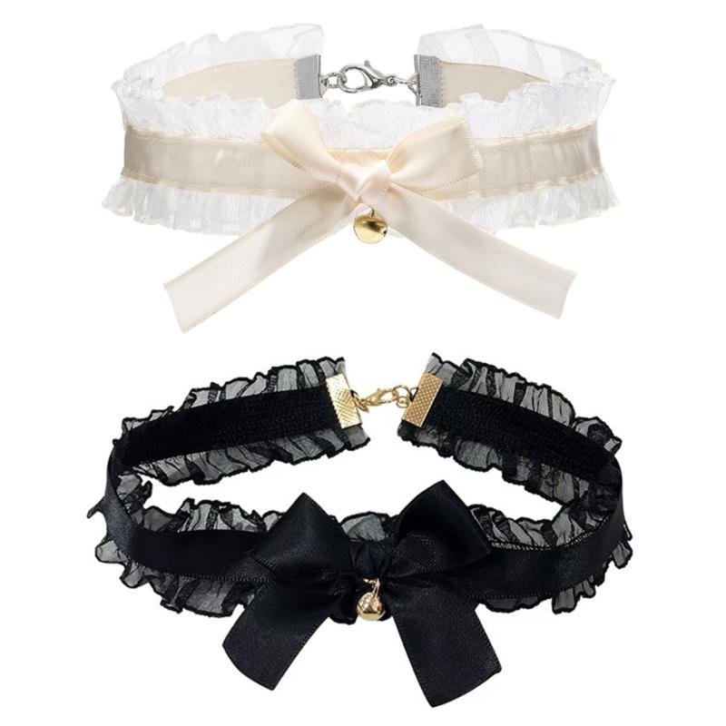 Lace Bowkot Choker Necklace with Bells Vintage Choker Short Chain Necklace