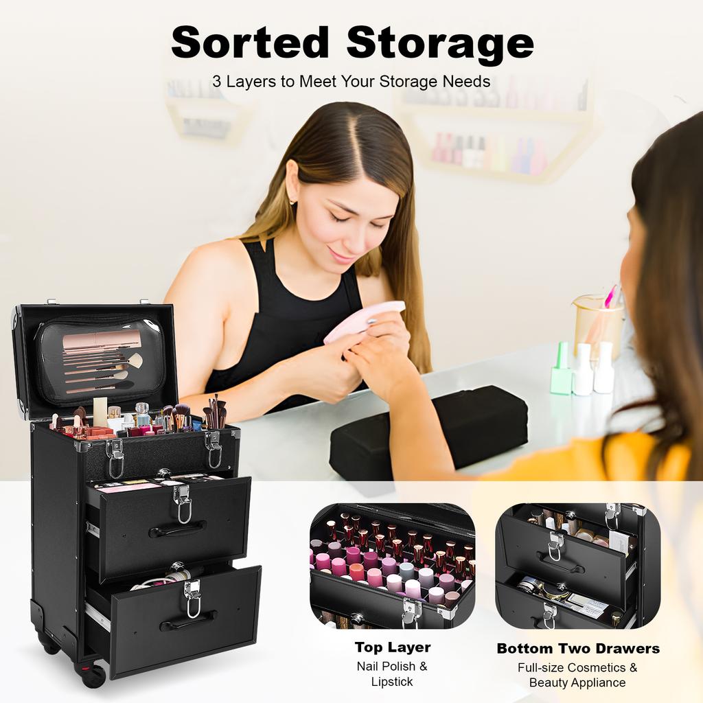 Professional Wheeled Makeup Case with Lock-Large Capacity Cosmetic Trolley Cart Hairdryer Holder for Hairdressers/Makeup Artists