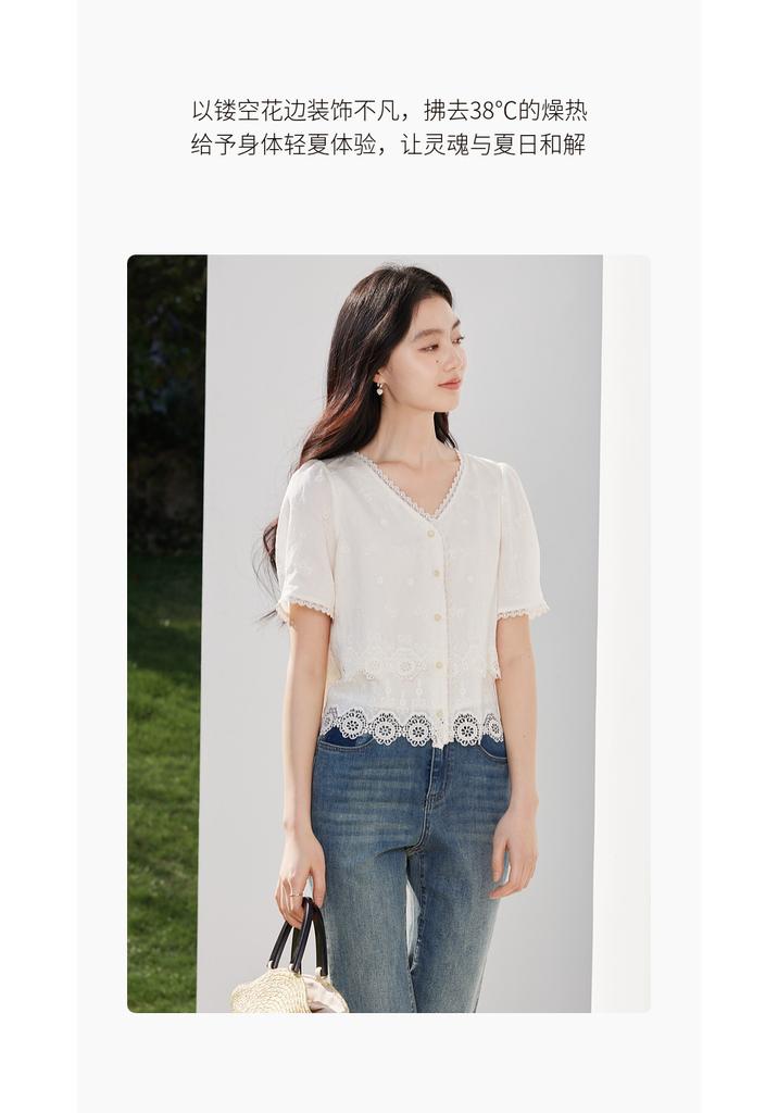 French embroidery hollow V-neck short-sleeved shirt