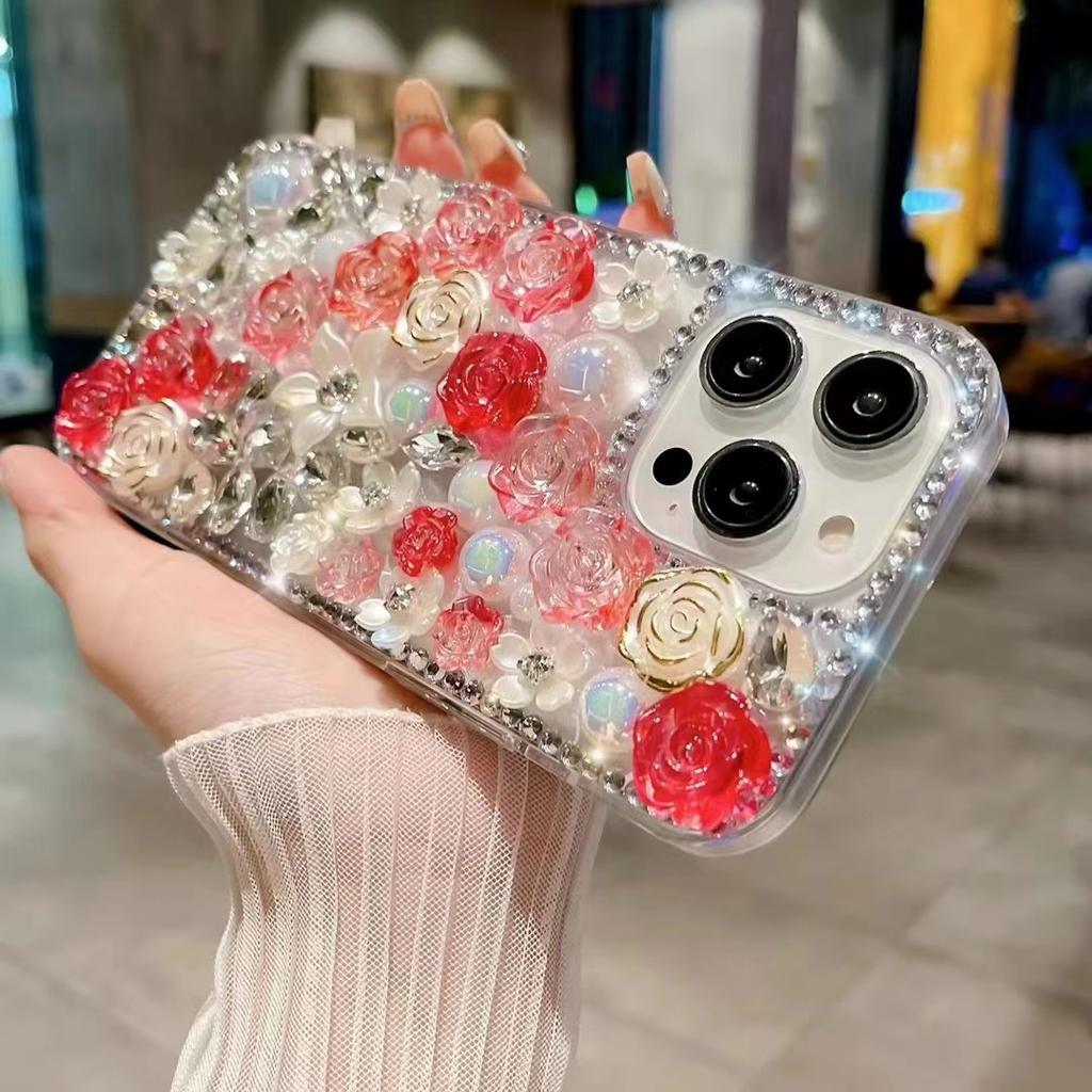 Pouzdro Fashion Bling Diamond Rose Flower Case pro Xiaomi Redmi Note 12 Pro Note11 Pro Note10pro K50 luxusní křišťálový kamínkový třpytivý DIY zadní kryt