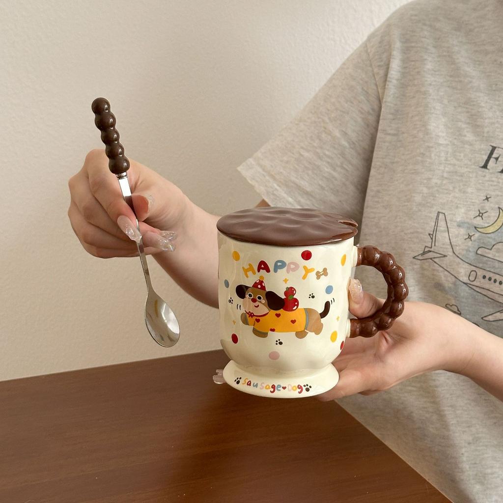Cute Dachshund Dog Goblet Household Drinking Water Mug with Lid Spoon Office Ceramic Breakfast Coffee Milk Cup
