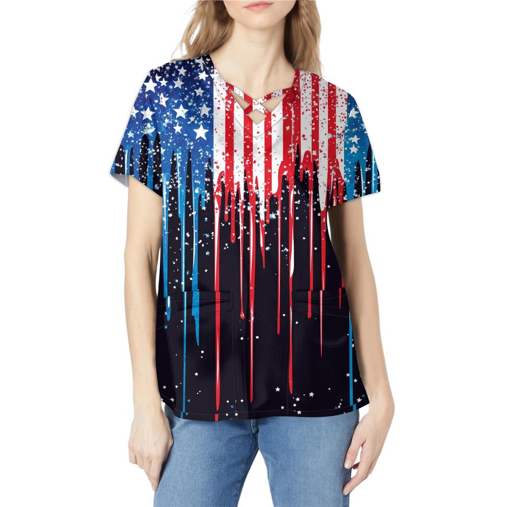 Top de damă cu mânecă scurtă Stagger cu decolteu în V cu imprimeu buzunar pentru asistentă uscată