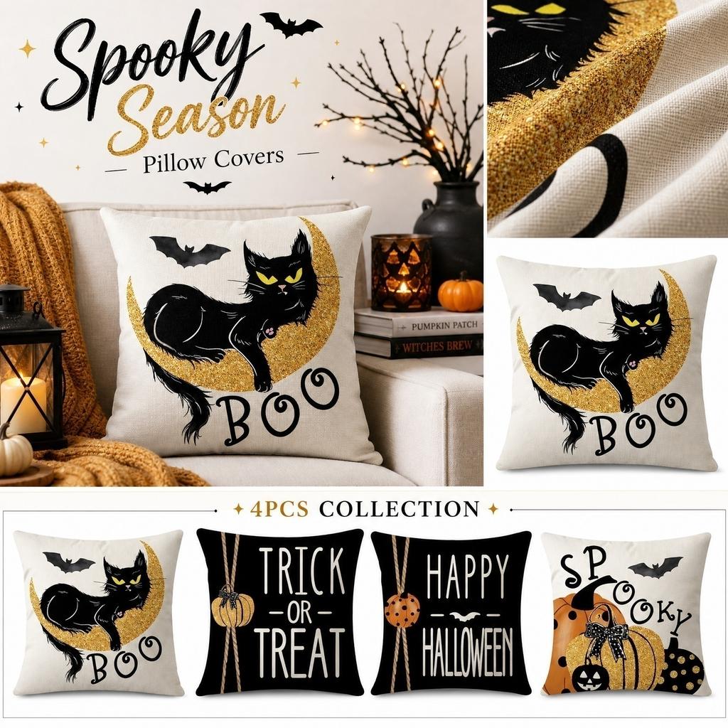 4PCS Halloween Pillow Covers Linen Printed Waist Cushion Covers Home Decorative Pillowcases for Sofa Bedroom Living Room